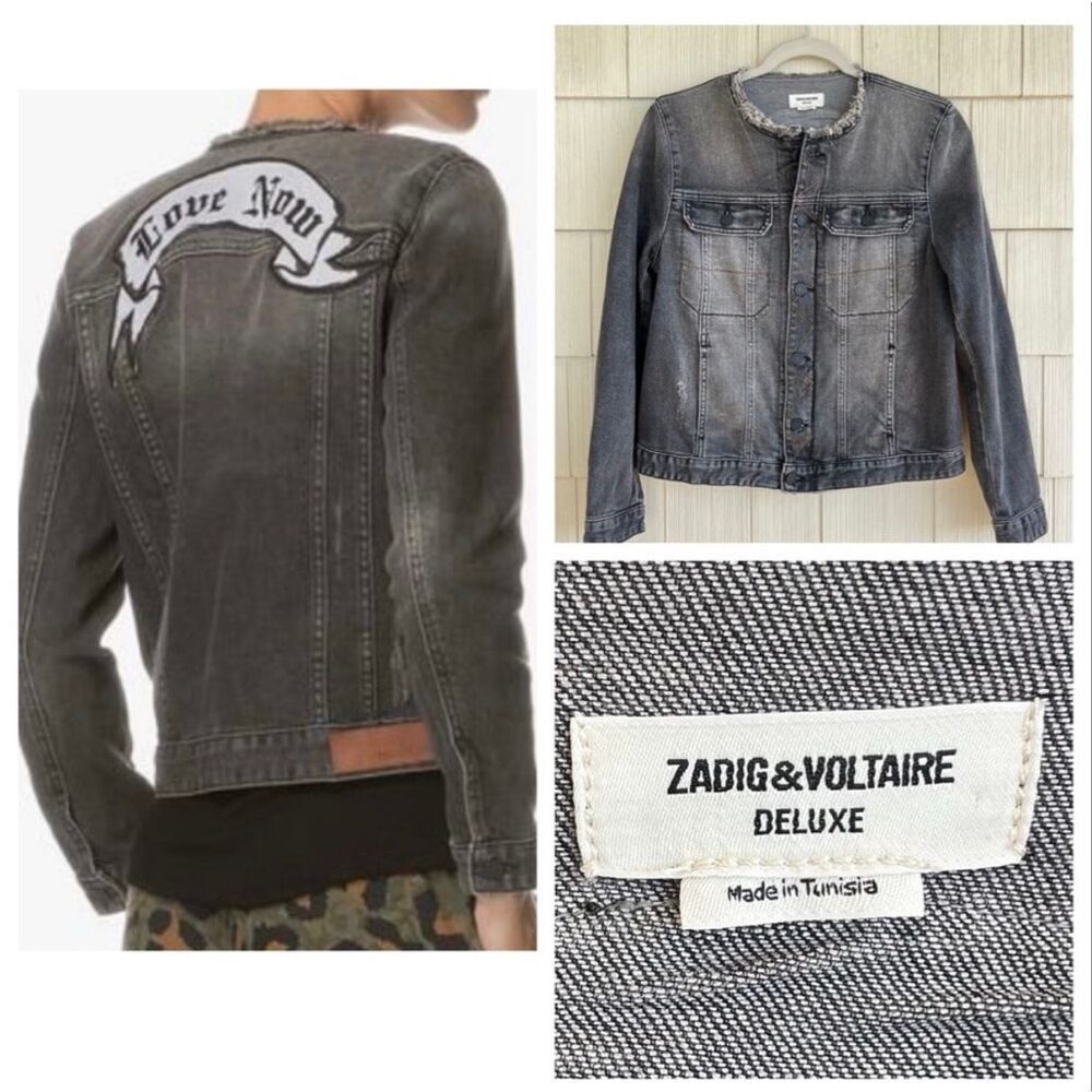 Zadig & Voltaire "Love Now" Distressed Grey Crop Denim Jacket Large